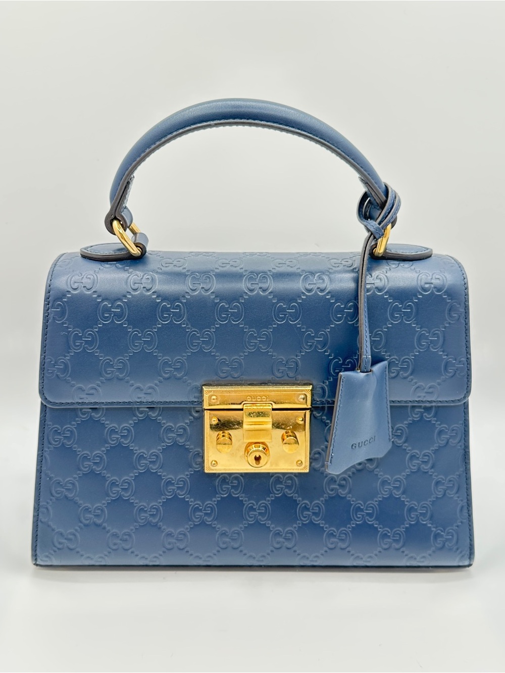Gucci Padlock Guccissima Leather Top Handle Bag Navy Blue Gold Hardware